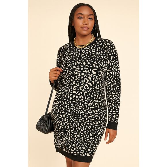 Express Leopard Print Sweater Dress Womens Size L Heavy Knit Black White - Picture 1 of 7